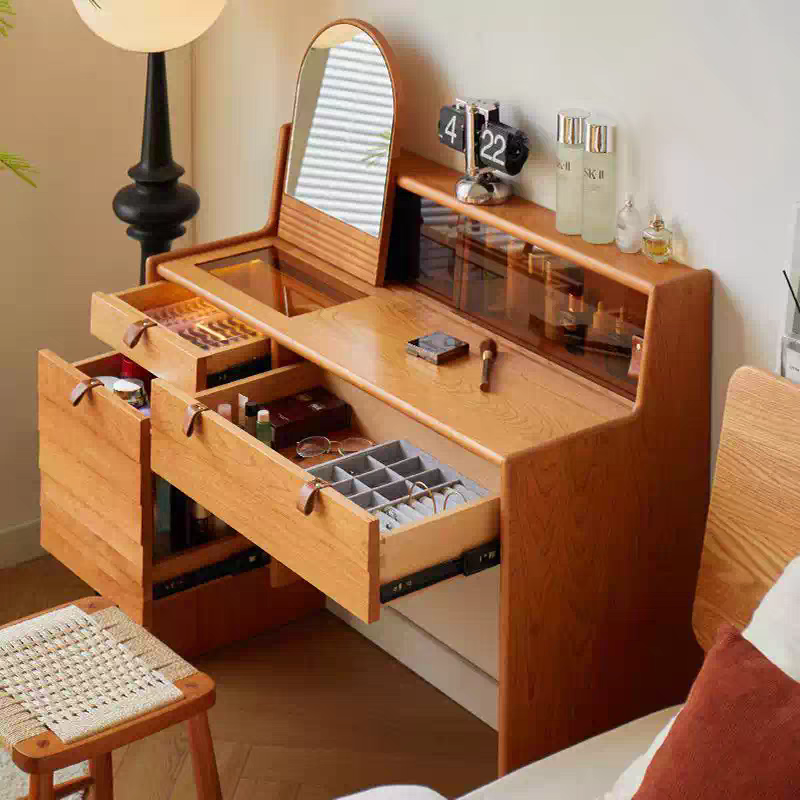 纳斯木语化妆桌小户型樱桃木床头角落收纳镜子新款卧室实木梳妆台