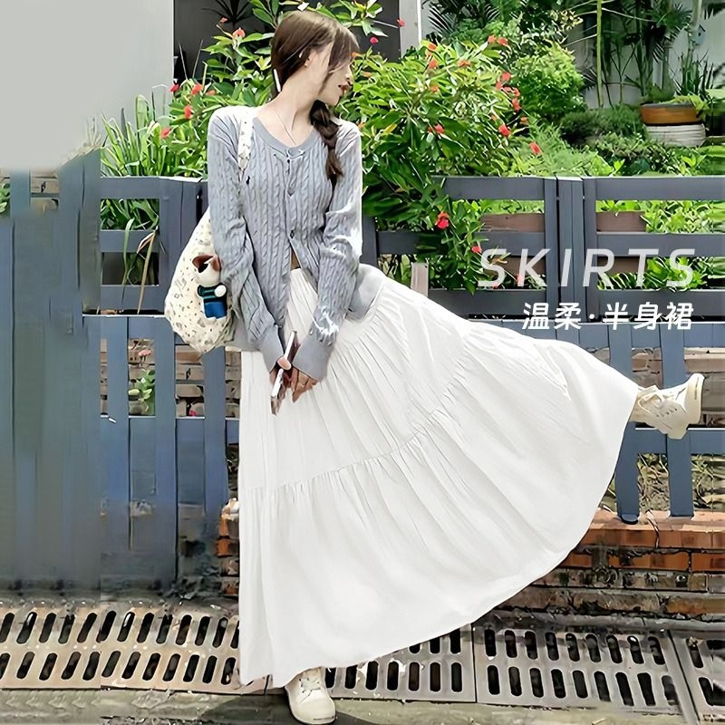 【秋冬加绒】小个子白色韩系温柔风高腰显瘦百搭中长款松紧腰半身裙