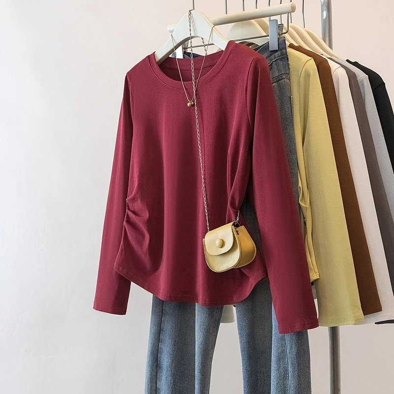 德绒大码女装2025秋季新款圆领收腰显瘦褶皱长袖T恤保暖上衣