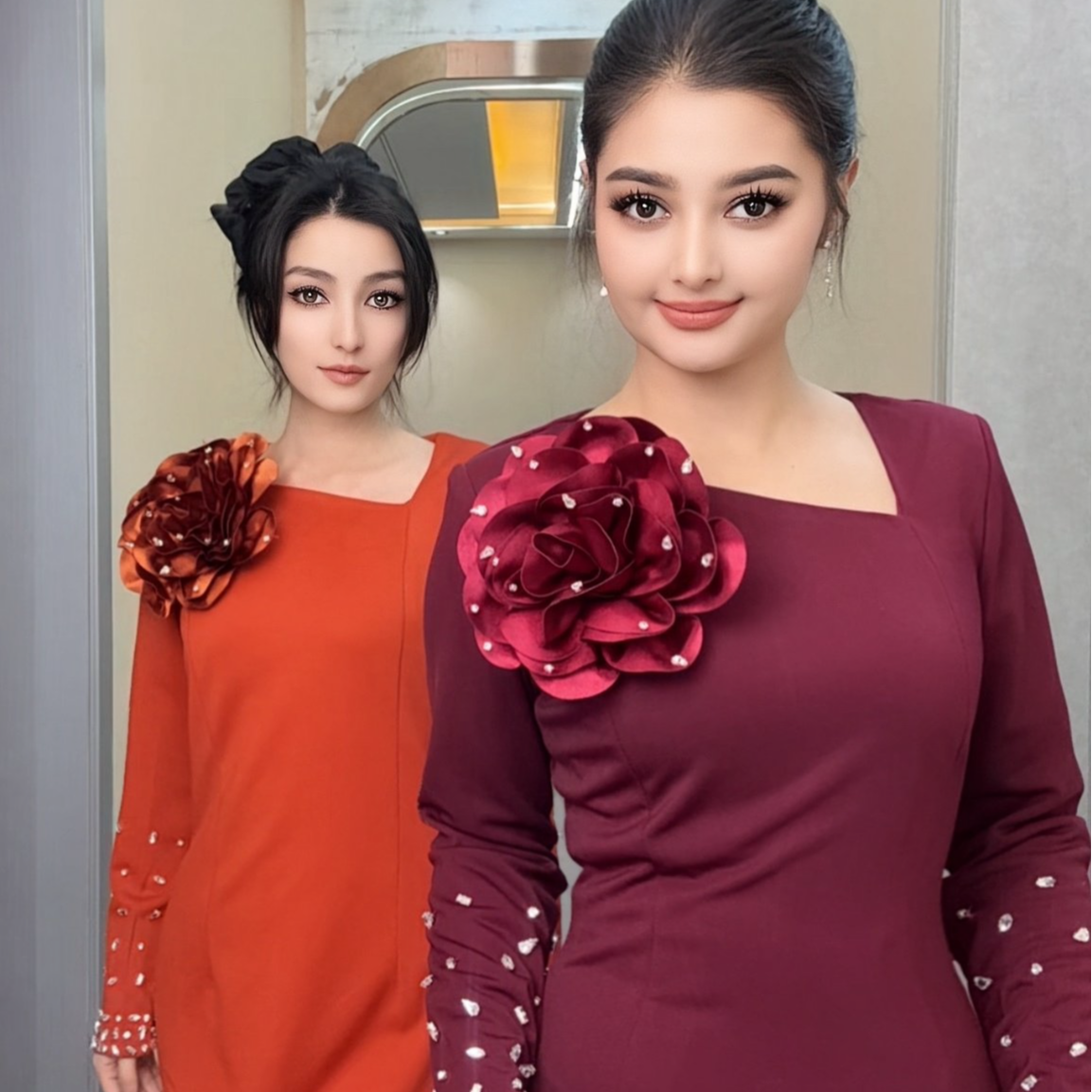 夏季方领圆领连衣裙酒红色婚礼服显瘦秋冬婚纱服装新娘时尚