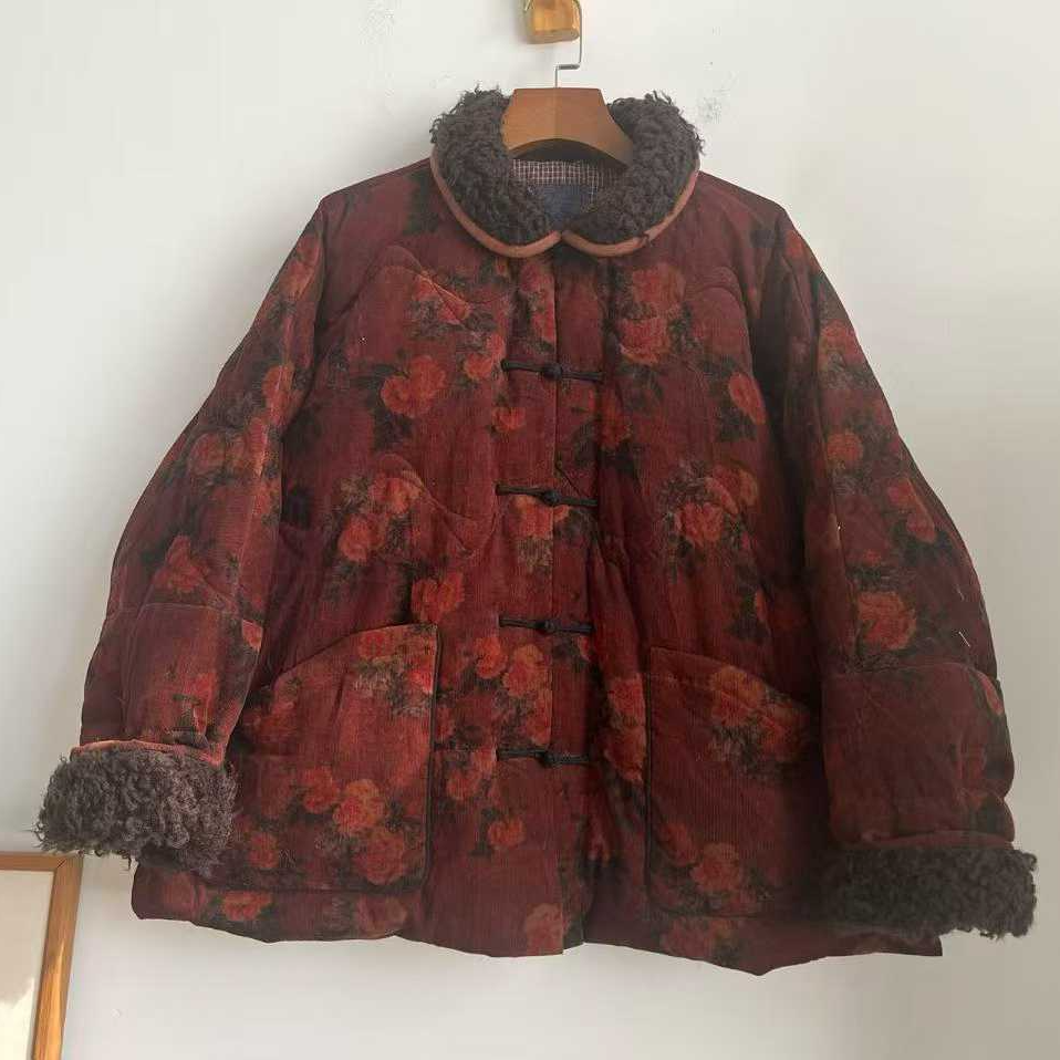 荼家原创拼接毛领印花短款羽绒服2356