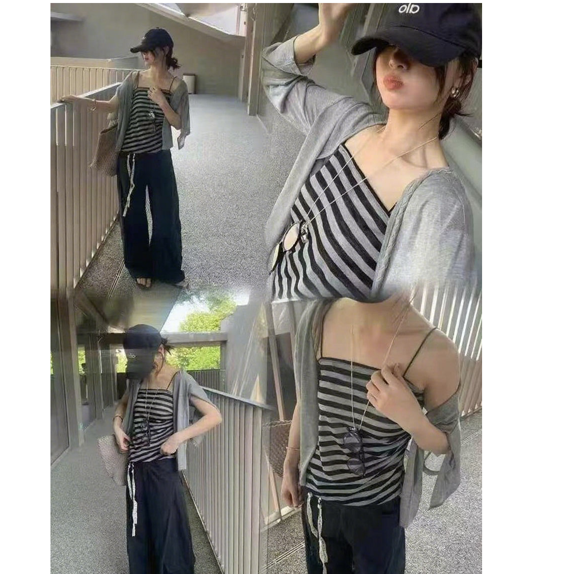 夏季新款INS风休闲风开衫条纹背心两件套时尚套装纯欲辣妹风