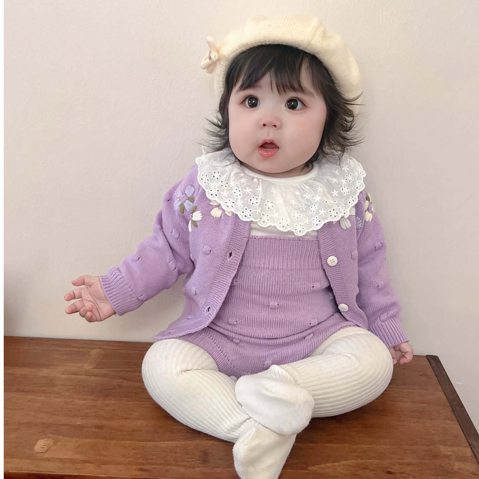 二件套（外套+吊带）婴幼儿女宝紫色棉纱针织毛衣套装手工绣花外套