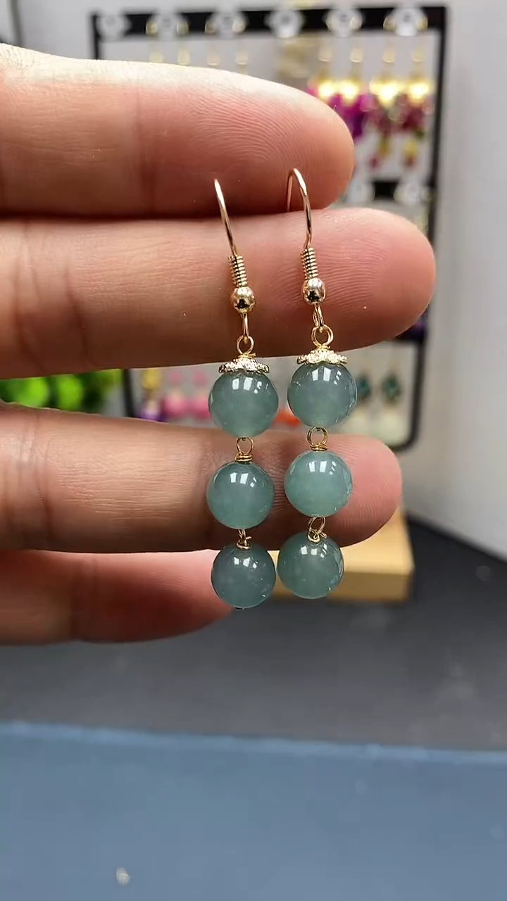 【闪购商品】翡翠耳饰银S925镀金镶嵌尺寸8mm连珠Q1