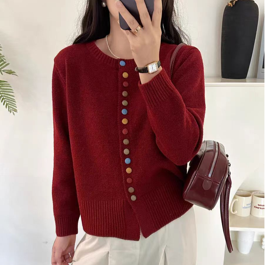七彩扣开衫毛衣女冬