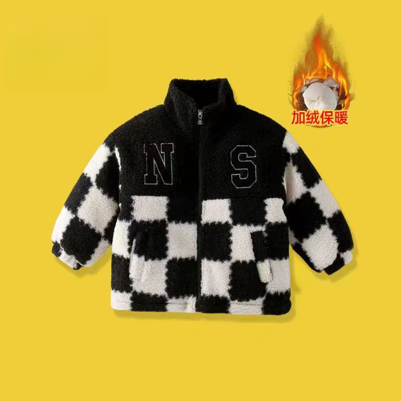 儿童冬季洋气百搭棋牌格圈圈毛加绒外套H2152