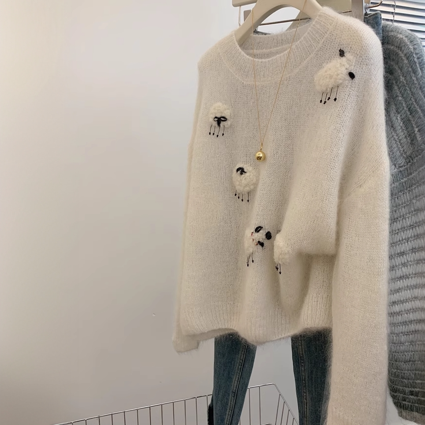 白色套头宽松马海毛外穿毛衣慵懒风高级感针织衫上衣女设计感小众