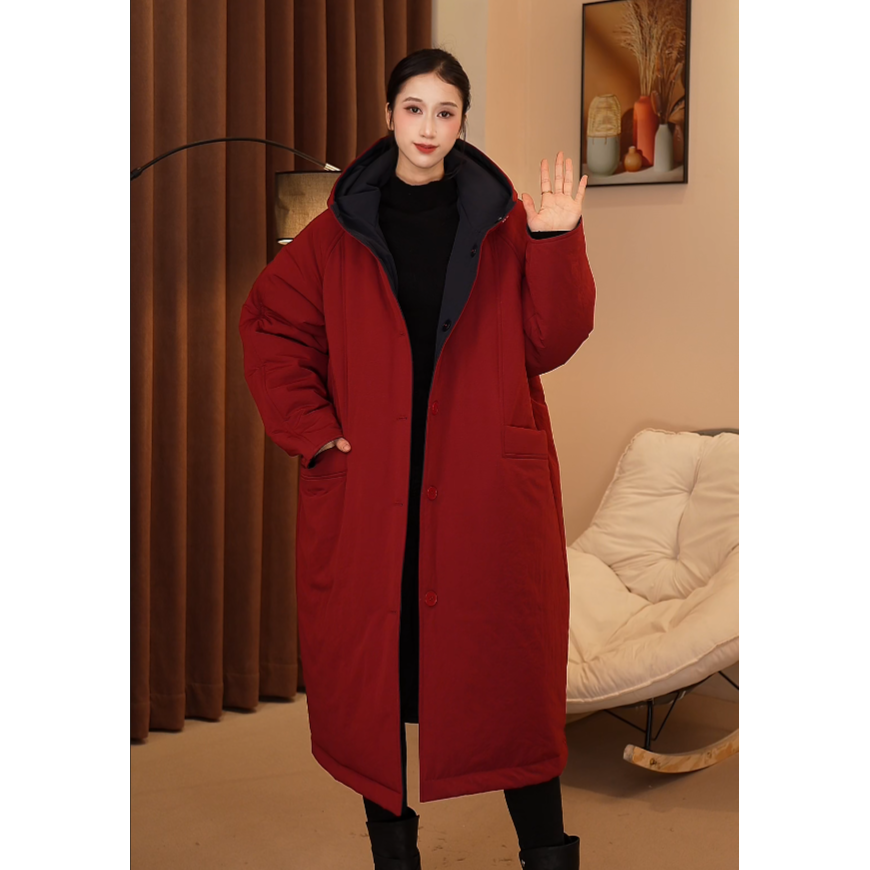 【双面双穿】冬季厚款连帽女保暖中长款休闲棉服大衣棉衣9002