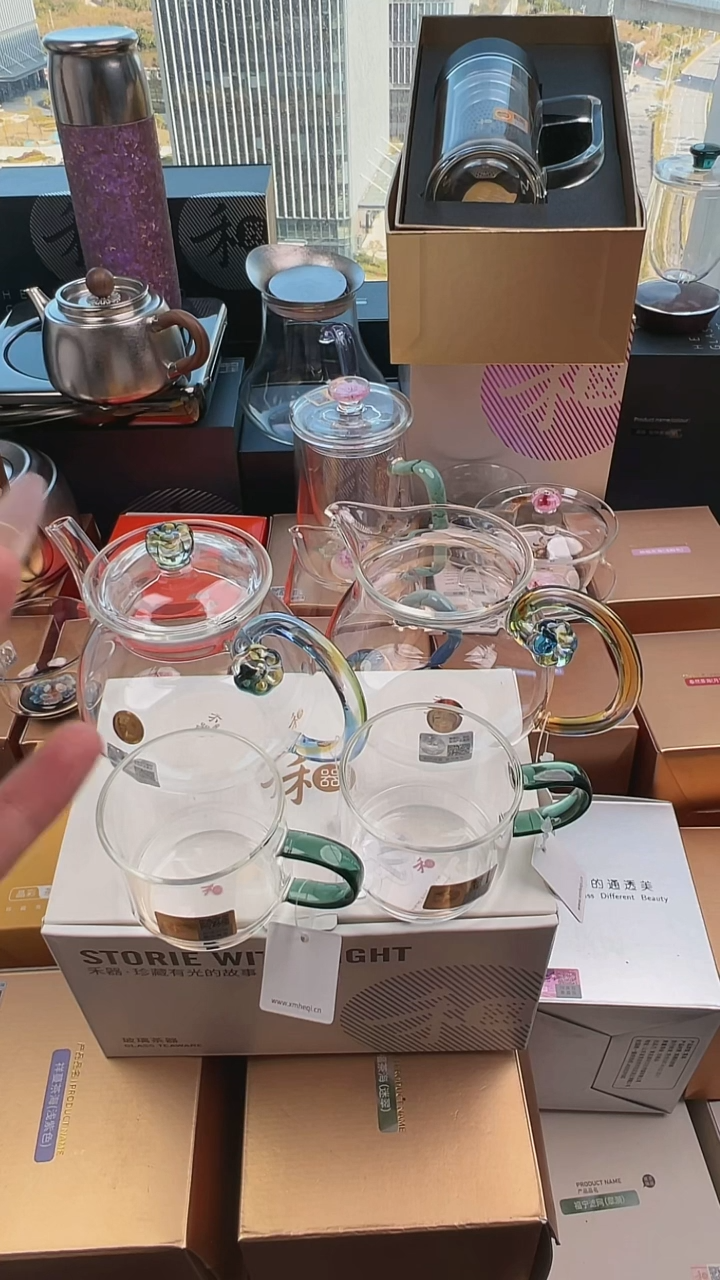 @@禾器幻彩清莲壶迷翠+浮莲迷翠+逸杯琥珀色2只