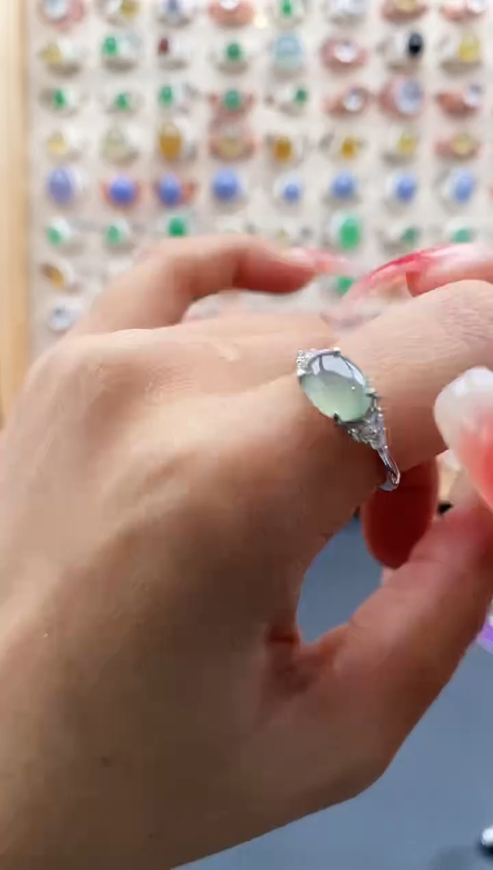 【闪购商品】翡翠戒指银S925镶嵌缅甸天然A货翡翠222 10+7