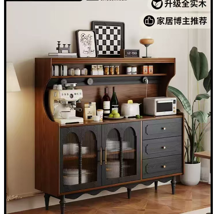 法式复古全实木岩板餐边柜靠墙一体储物柜中古风客厅咖啡茶水柜子