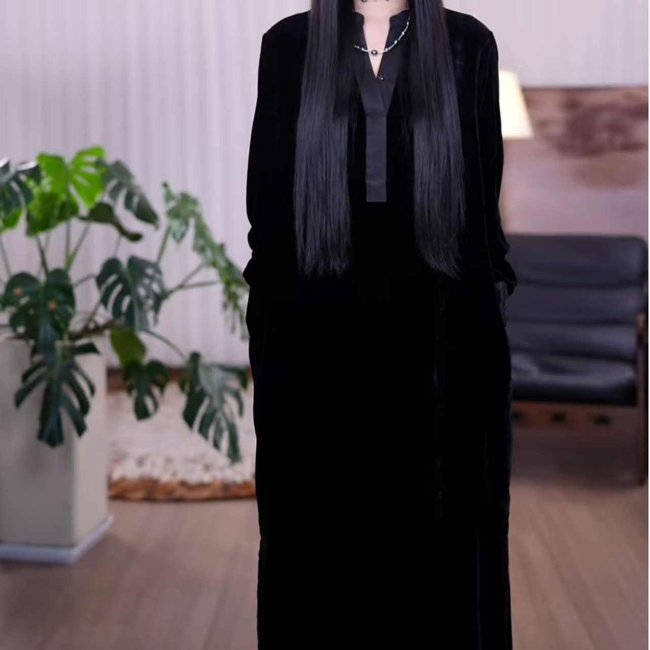 『星伊』长款时尚气质黑色休闲透气拼接宽松复古长款裙