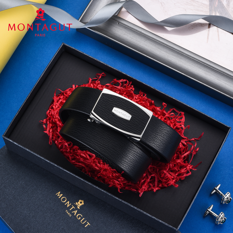 梦特娇 不锈钢扣头内扣皮带商务自动扣腰带头层牛皮轻奢礼盒裤带