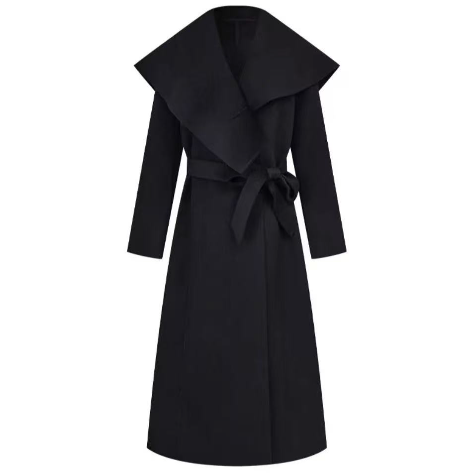 2650【曼德诗】冬季羊毛绑带修身双面呢中长款经典气质双面毛呢外套