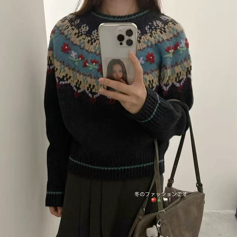针织女圆领保暖拼色毛针织衫加厚宽松针织衫费尔岛刺绣花朵圆领