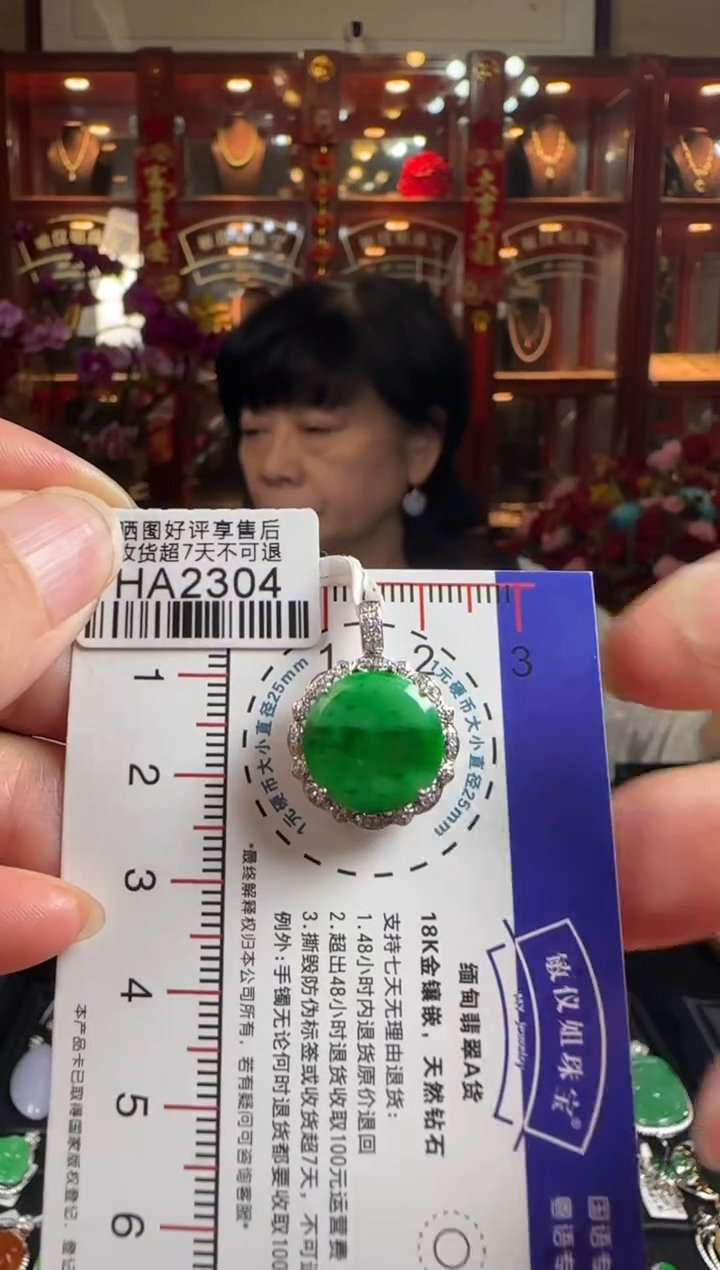 【闪购商品】翡翠颈饰18K金镶嵌HA2304冰辣绿无事牌