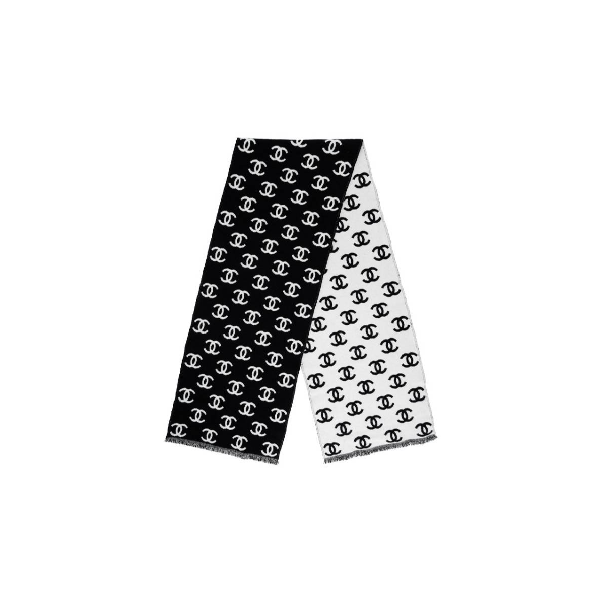 未使用 Chanel/香奈儿 【黑黑】双C LOGO 黑白双面围巾 黑白