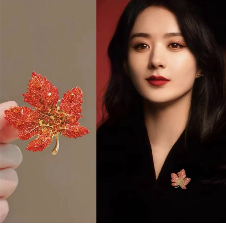 铜合金合成锆石胸针 【加拿大红枫叶】胸针高档女胸花轻奢奢华优雅
