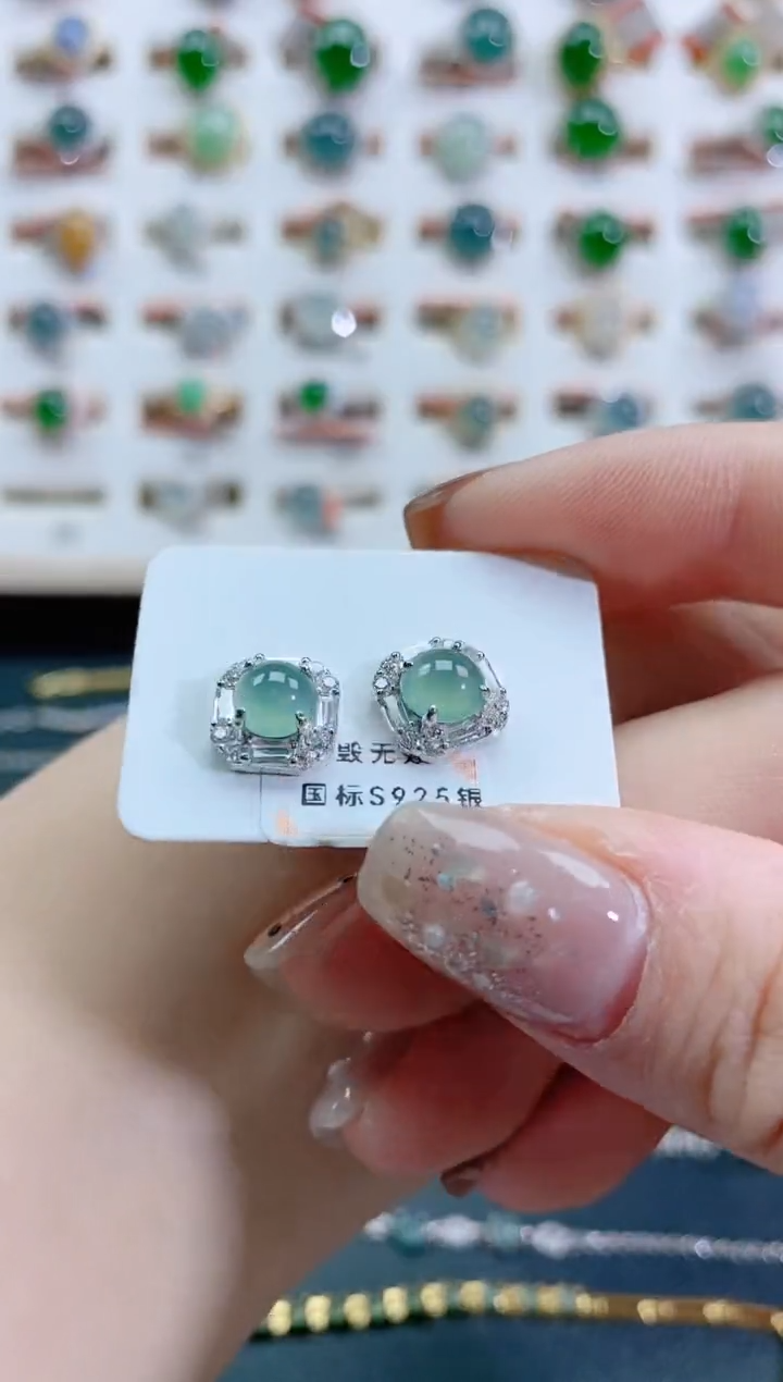 银S925镶嵌翡翠耳饰天然翡翠
