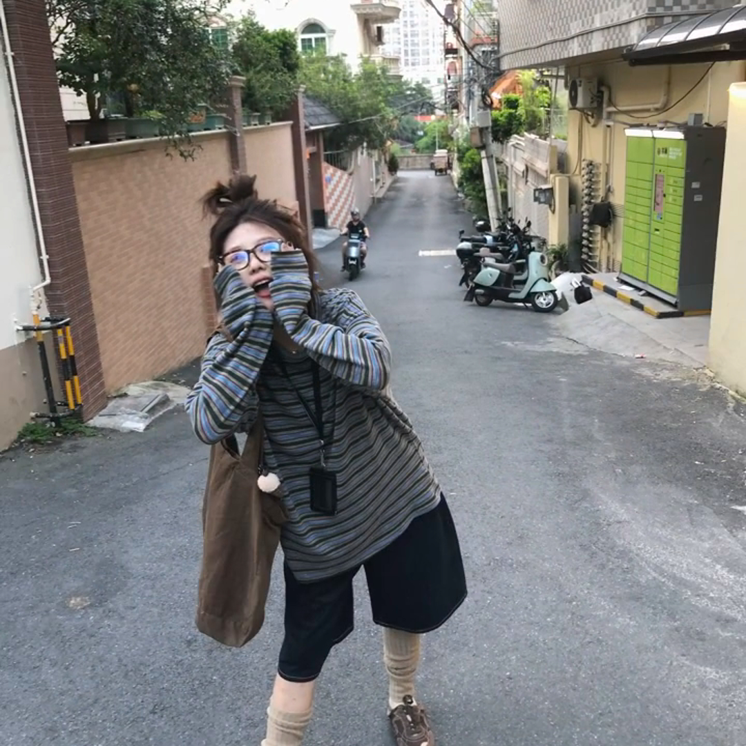 韩系慵懒松弛感条纹长袖t恤女2025新款秋季宽松巨好看设计感上衣