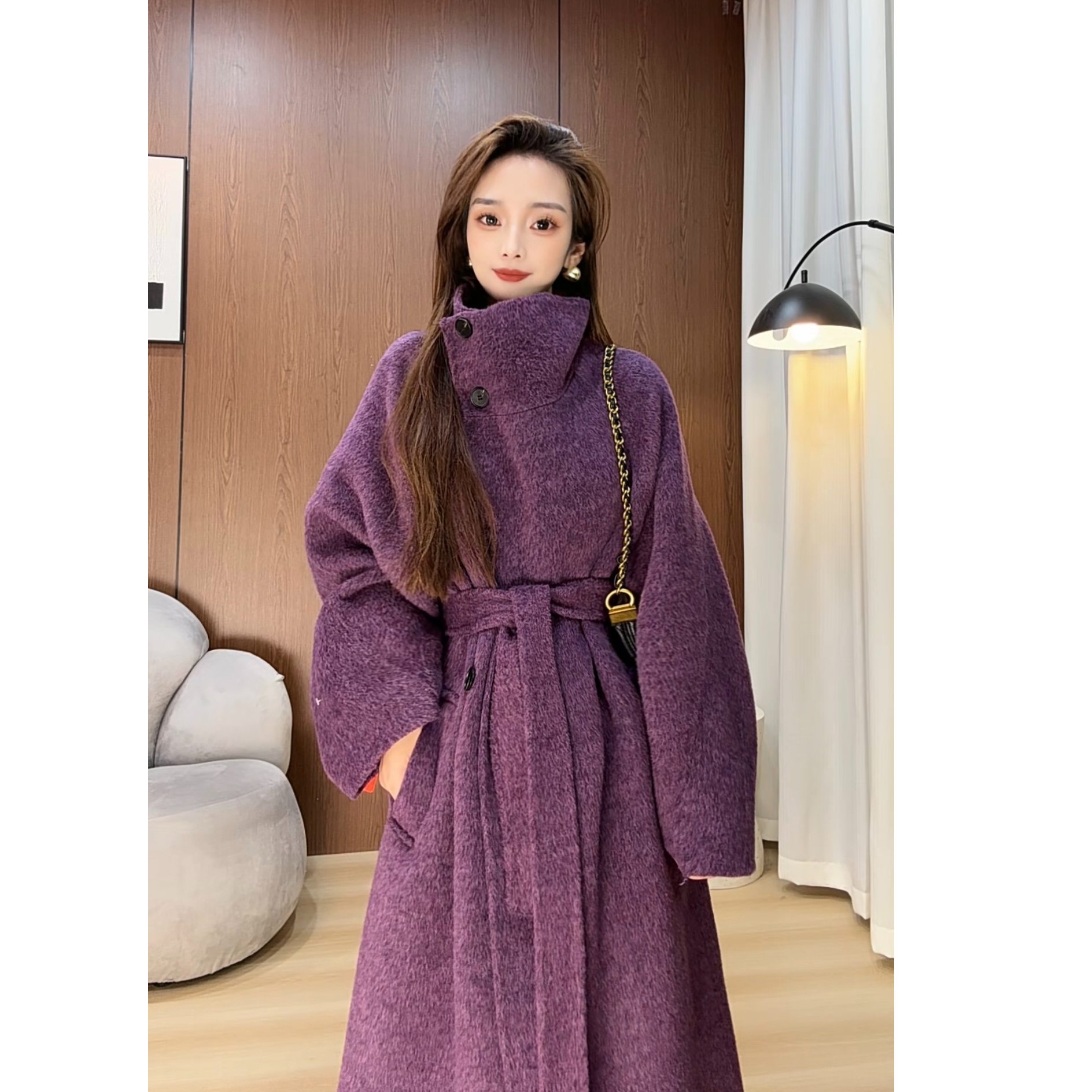 2025最新秋冬原创韩系慵懒风双面羊毛大衣系带百搭毛呢外套8702