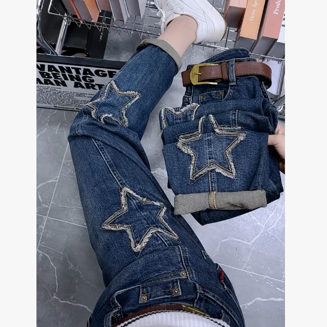 8602#毛边五星牛仔老爹裤