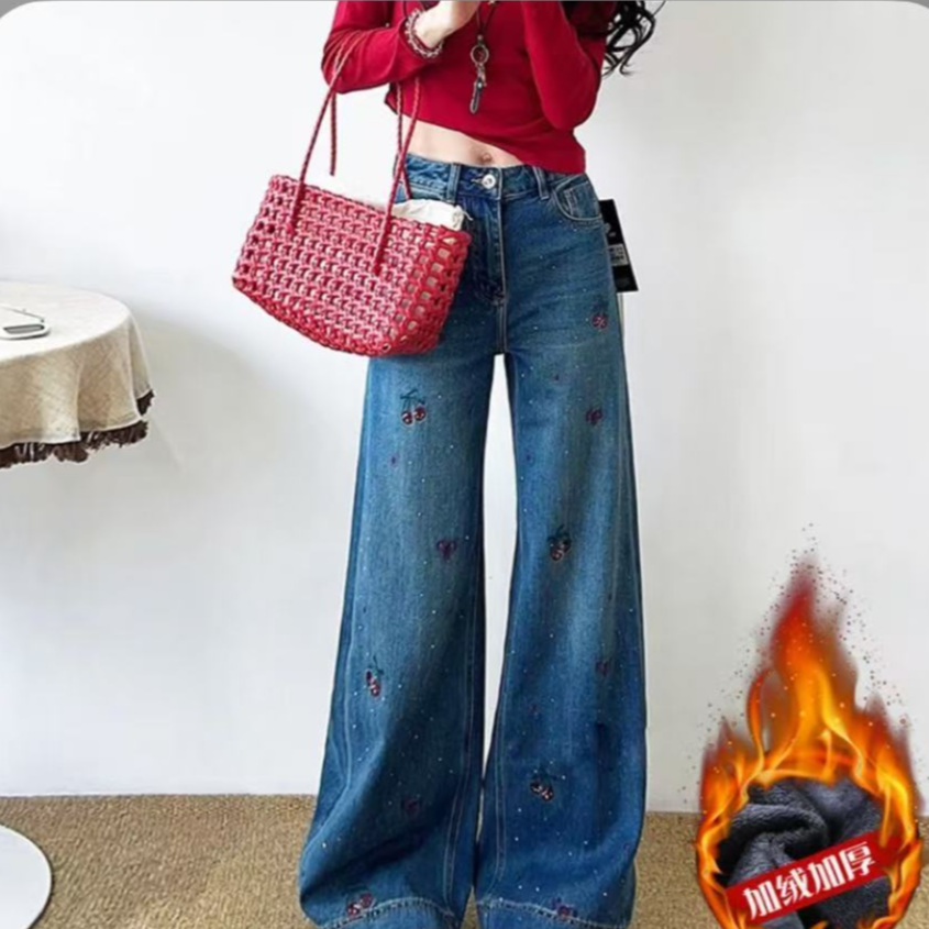 清尾2025宽松女冬季裤子高腰牛仔裤裤子复古刺绣印花