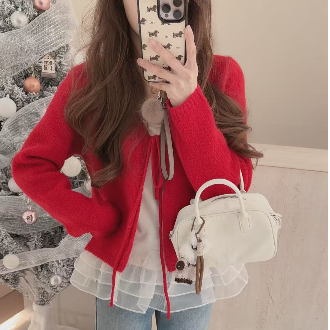 ouran 冬款G1070蕾丝边吊带背心+毛衣开衫套装