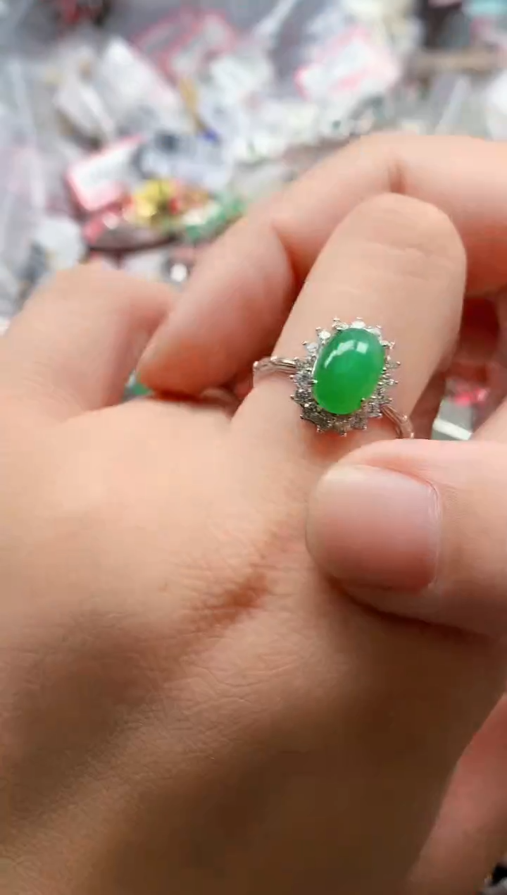 银S925镶嵌戒指翡翠天然A货缅甸翡翠