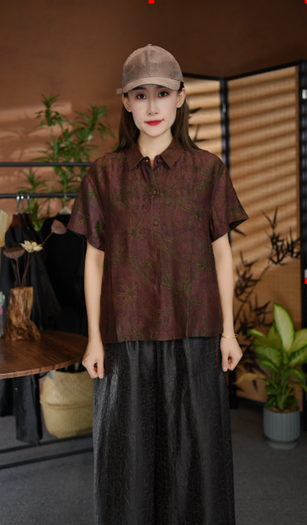 【苗蔓纱语】翻领紫色草书双面穿短袖桑蚕丝香云纱