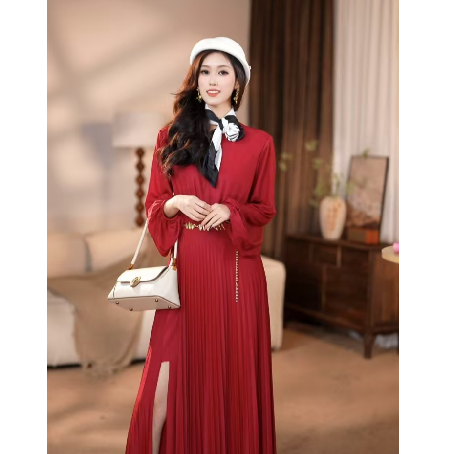 【安安】波尔多红法式时尚高级气质修身小众优雅端庄连衣裙-JF207