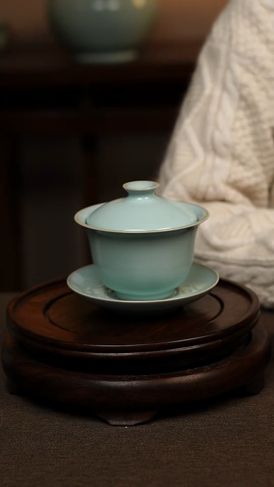 瓷片天青色全手工三才元宝盖碗150ml微瑕不带礼盒