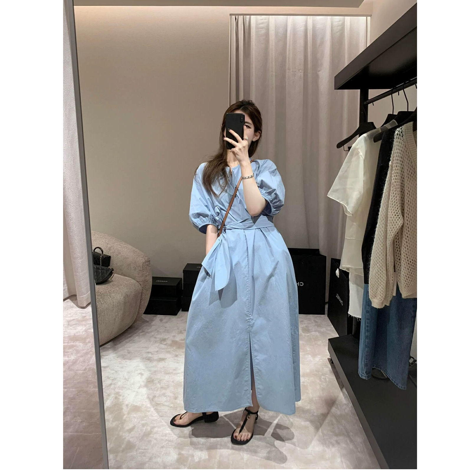 ZX6268设计感泡泡袖连衣裙女2025春夏新款收腰显瘦系带长裙