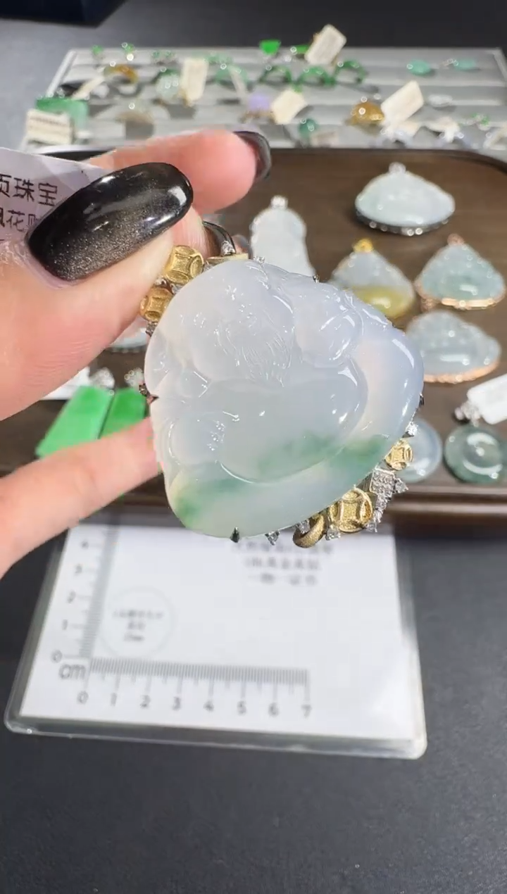 吊坠(不含链)18K金镶嵌翡翠【源头工厂】钻石镶嵌