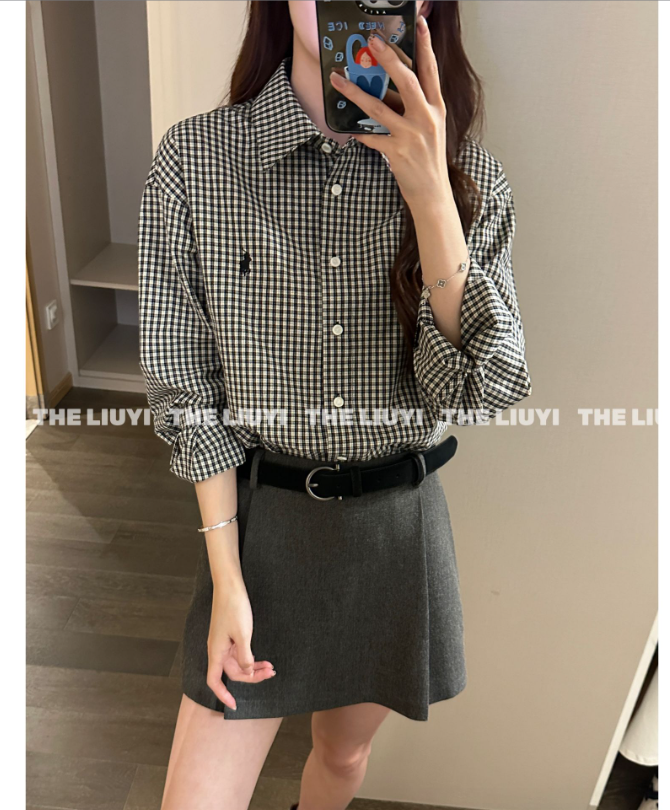 【LIUYI】咖色格子百搭翻领衬衫58074