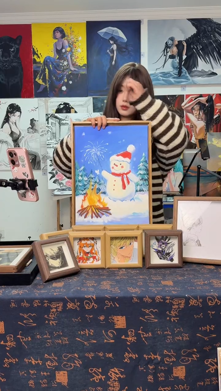 丙烯画斩*冬日雪人丙烯画y