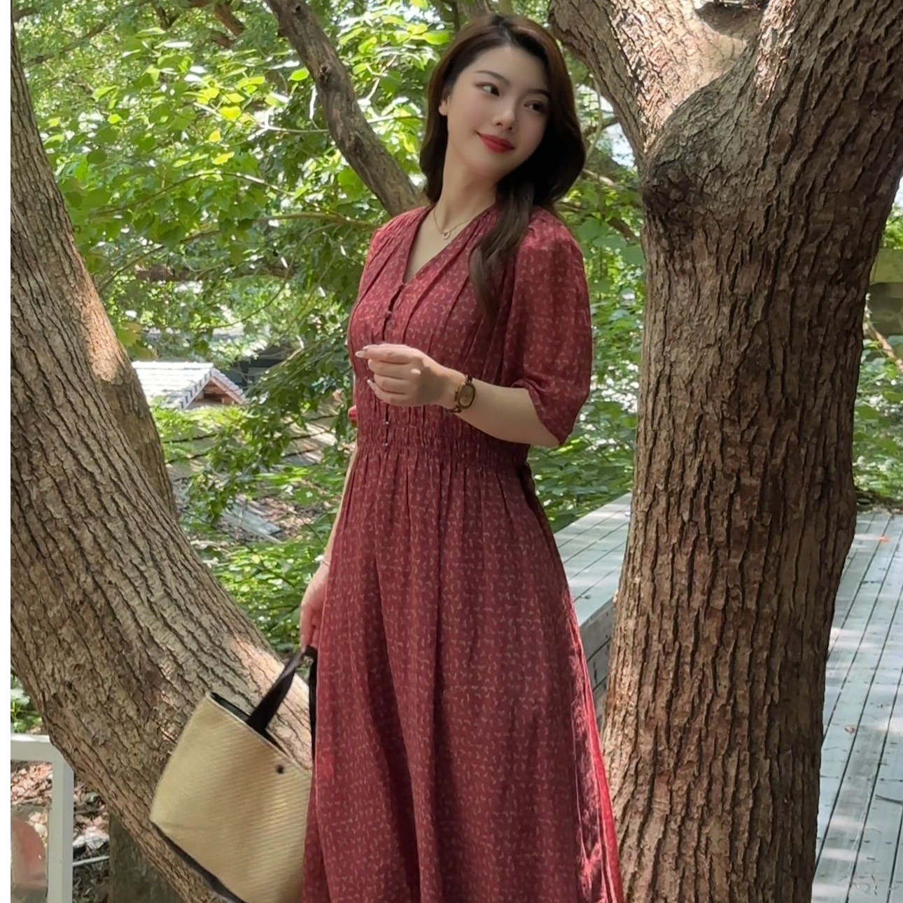 [青禾]100苎麻红小花宽松收腰5分中袖连衣裙