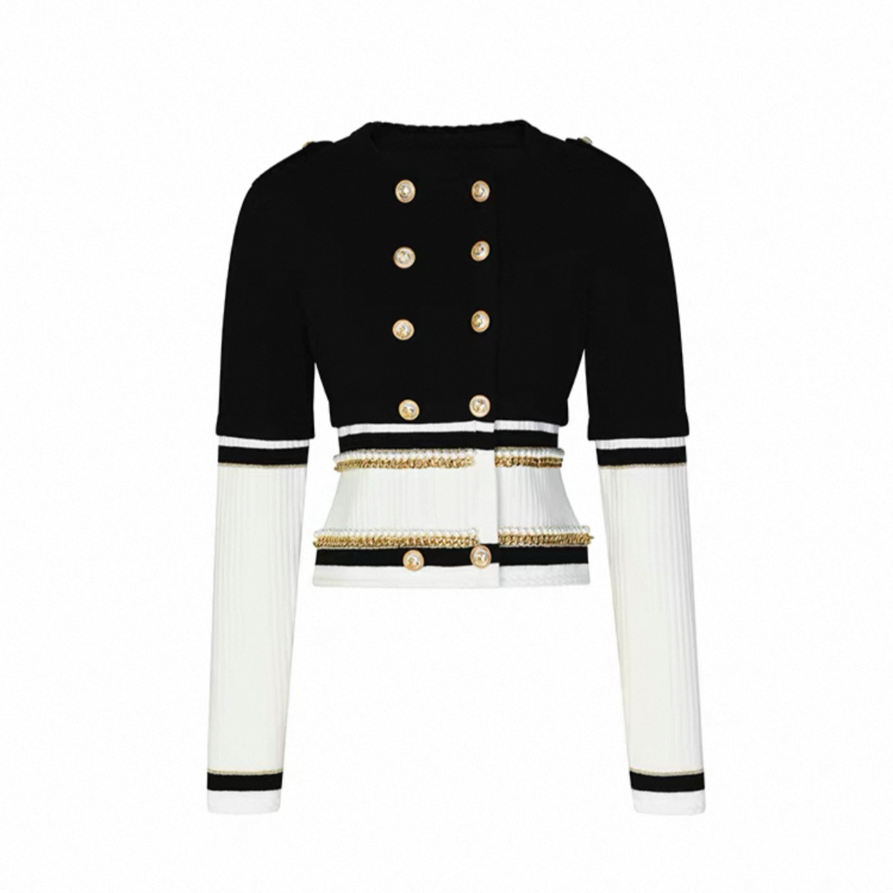 《猪猪出品》黑白双排扣针织衫设计师黑色撞色修身上衣