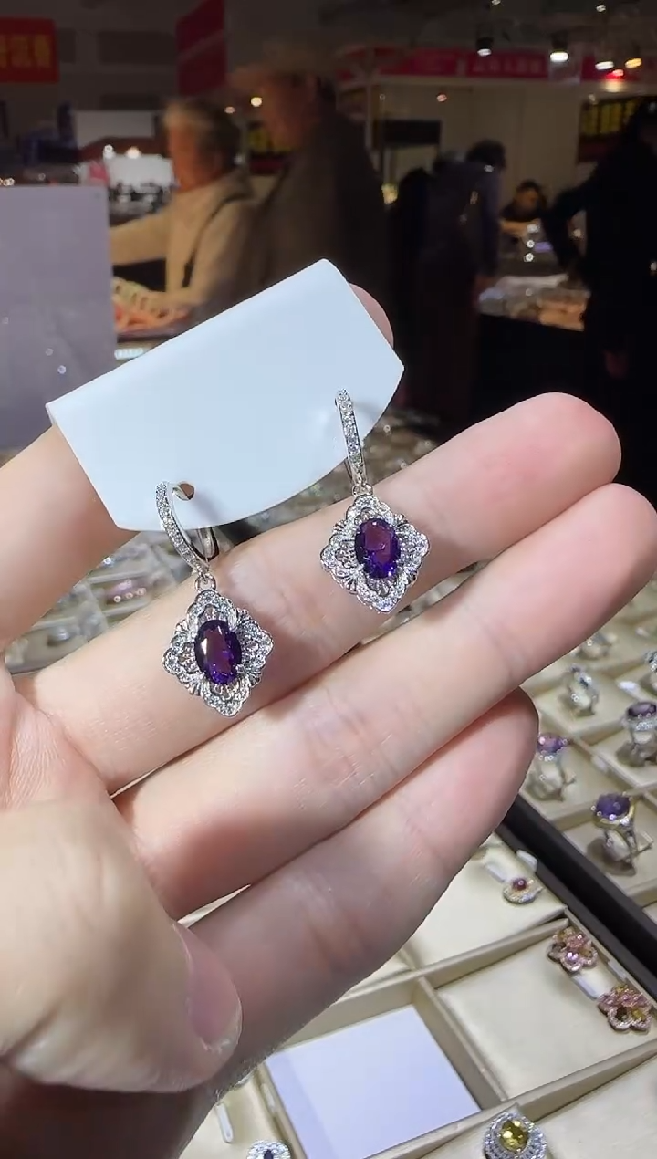 银S925镶嵌耳饰紫晶6*8mm耳扣款设计款帝王紫