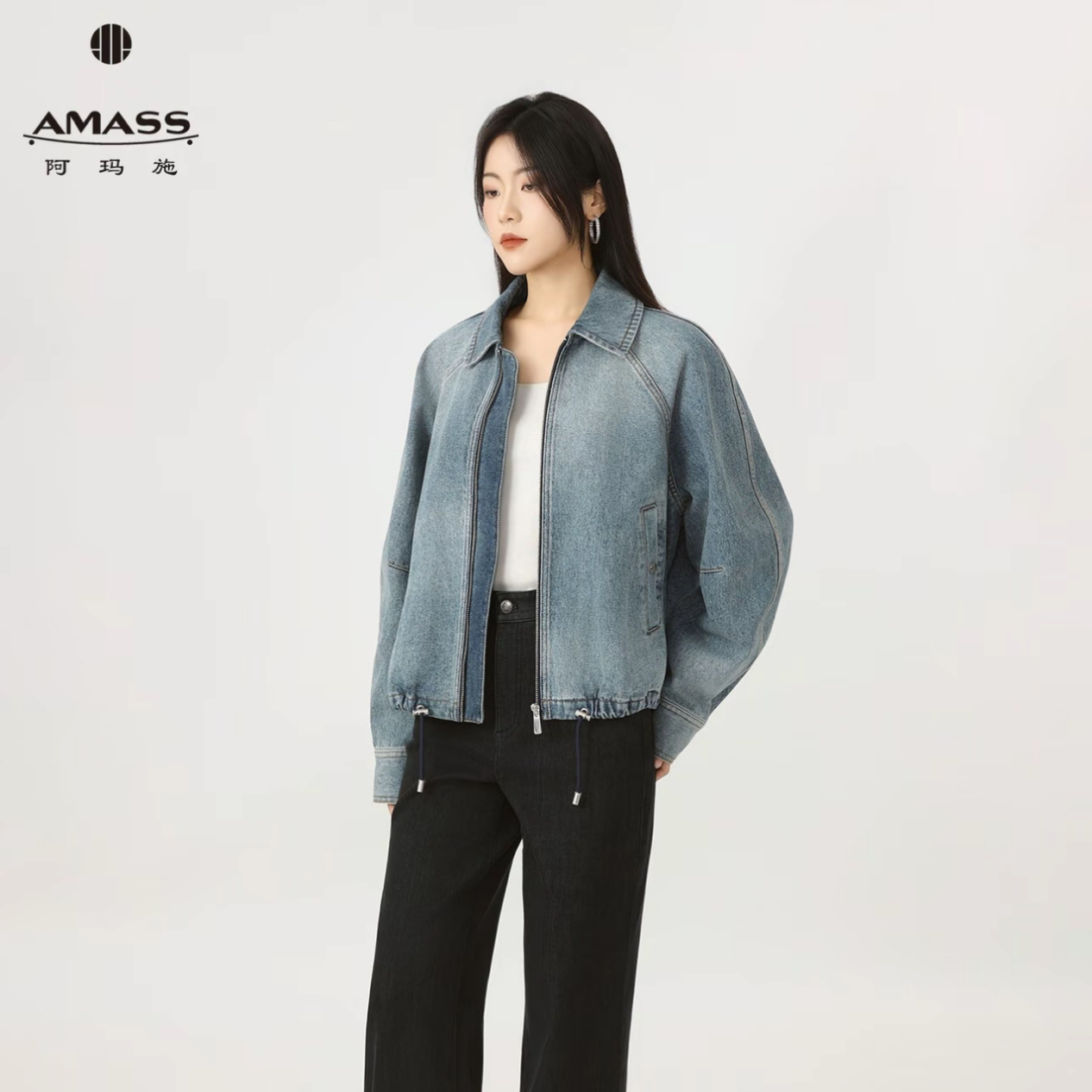 AMASS/阿玛施春季牛仔女长袖短款水洗秋季抽绳潮酷风短外套540077