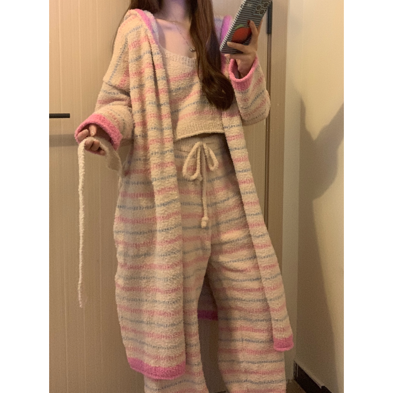 彩色拼接条纹针织半边绒连帽睡衣女冬季新款加厚保暖家居服三件套