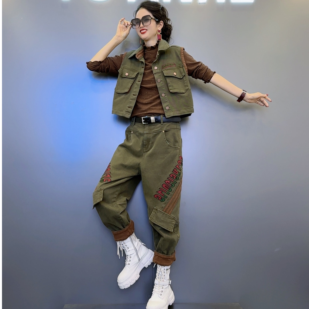 TL1秋款翻领刺绣【咖 绿 黑】色牛仔马甲-重工刺绣弹力三色牛仔裤