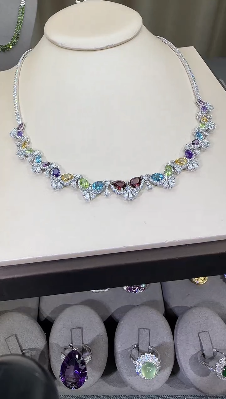 颈饰银S925镶嵌水晶9*7mm套链多彩宝高级款