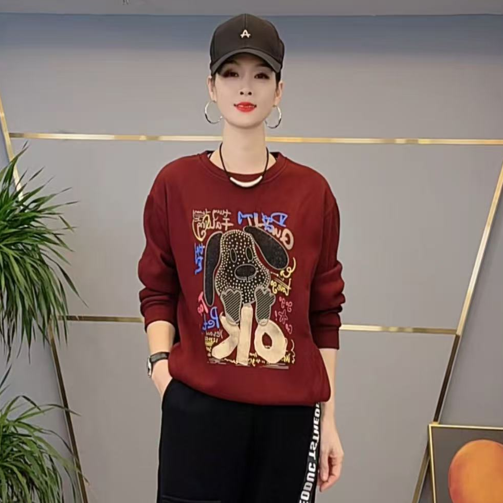 shishu/拾束冬季新款时尚卡通印花烫钻气质百搭加绒卫衣女CY6620