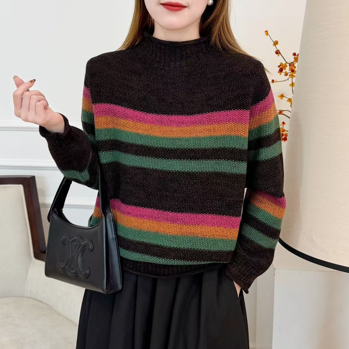 【品牌正品】休闲百搭复古新款撞色条纹棉线半高领套头宽松针织毛衣