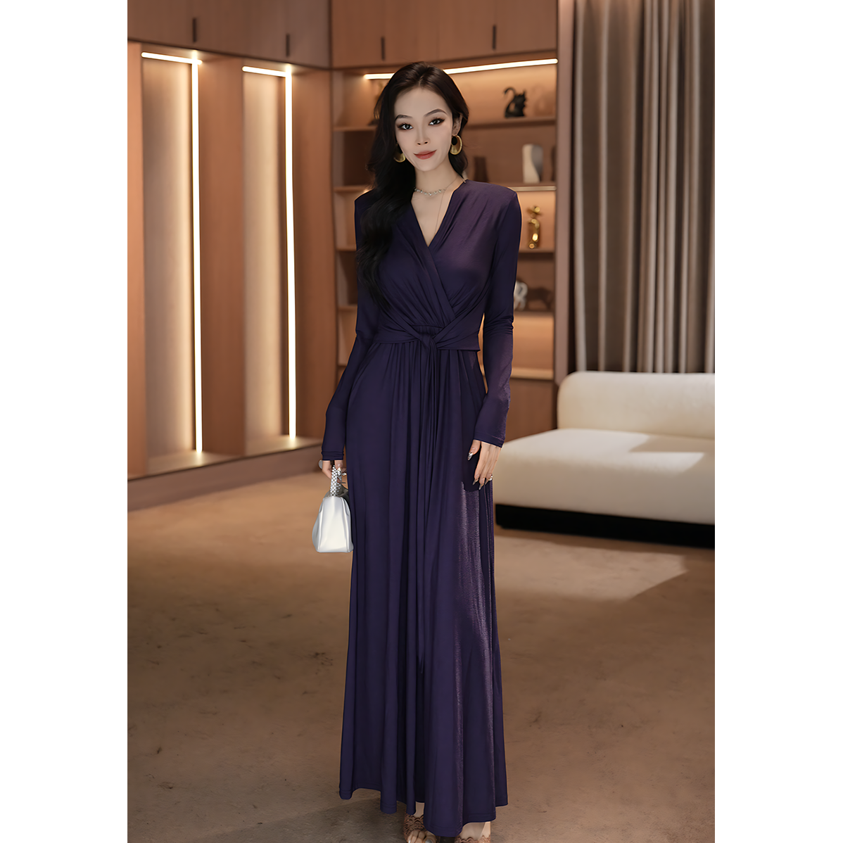 阳阳【缪斯女神】春夏法式浪漫轻奢鸢尾紫v领收腰连衣裙-Y312042