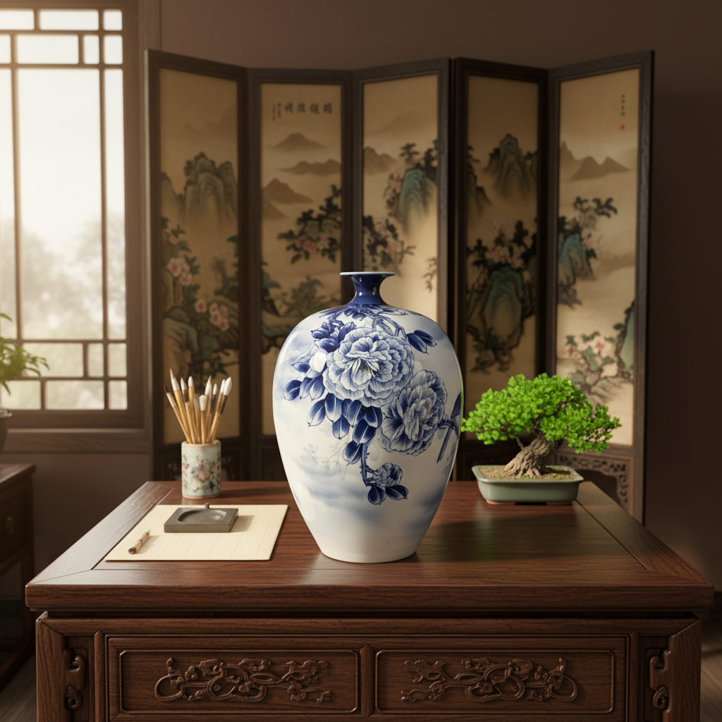 景德镇陶瓷器青花手绘花开富贵青花花瓶客厅博古架装饰工艺品摆件