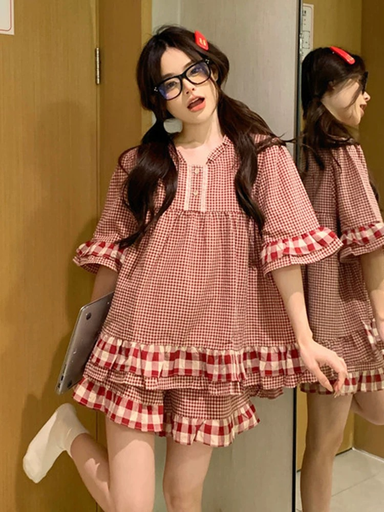 夏季纯棉甜美宽松家居服套装格子两件套睡衣女棉夏季薄款