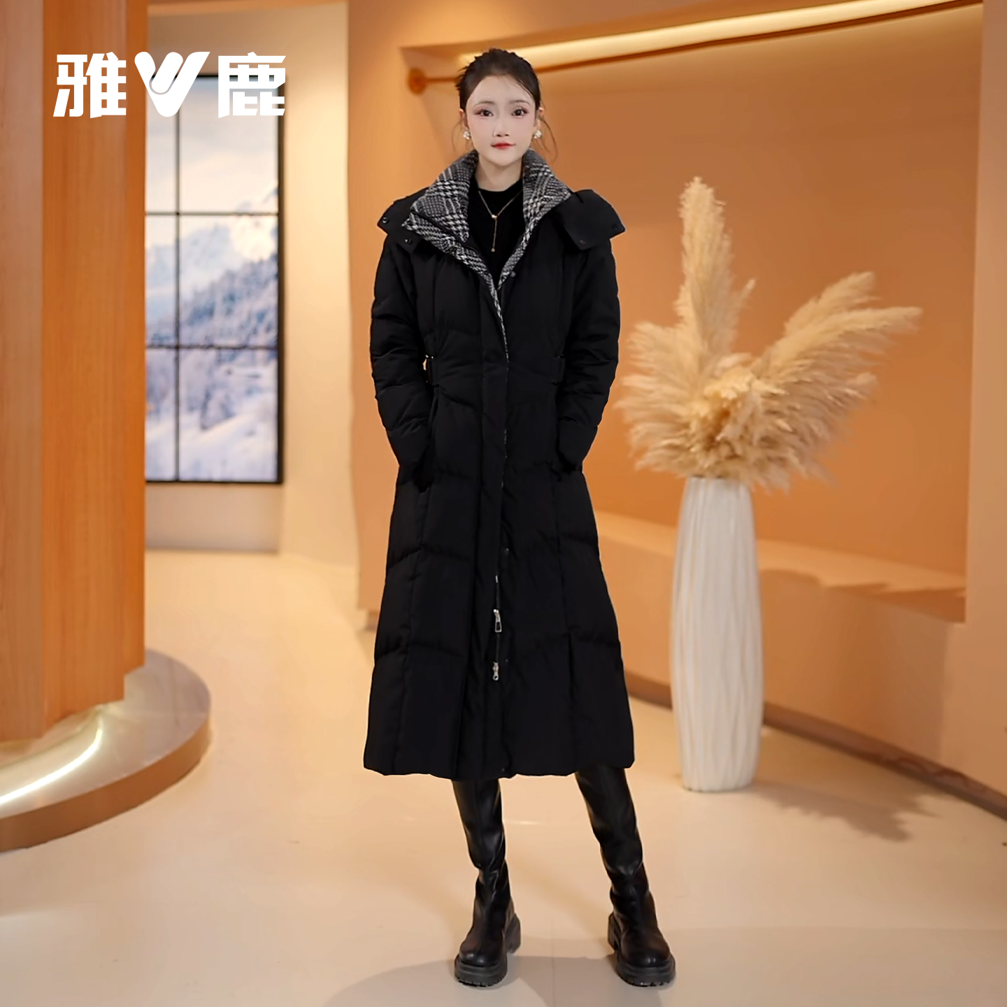 V/雅鹿羽绒服冬季情侣白鸭绒千鸟格撞色保暖连帽简约时尚百搭长款