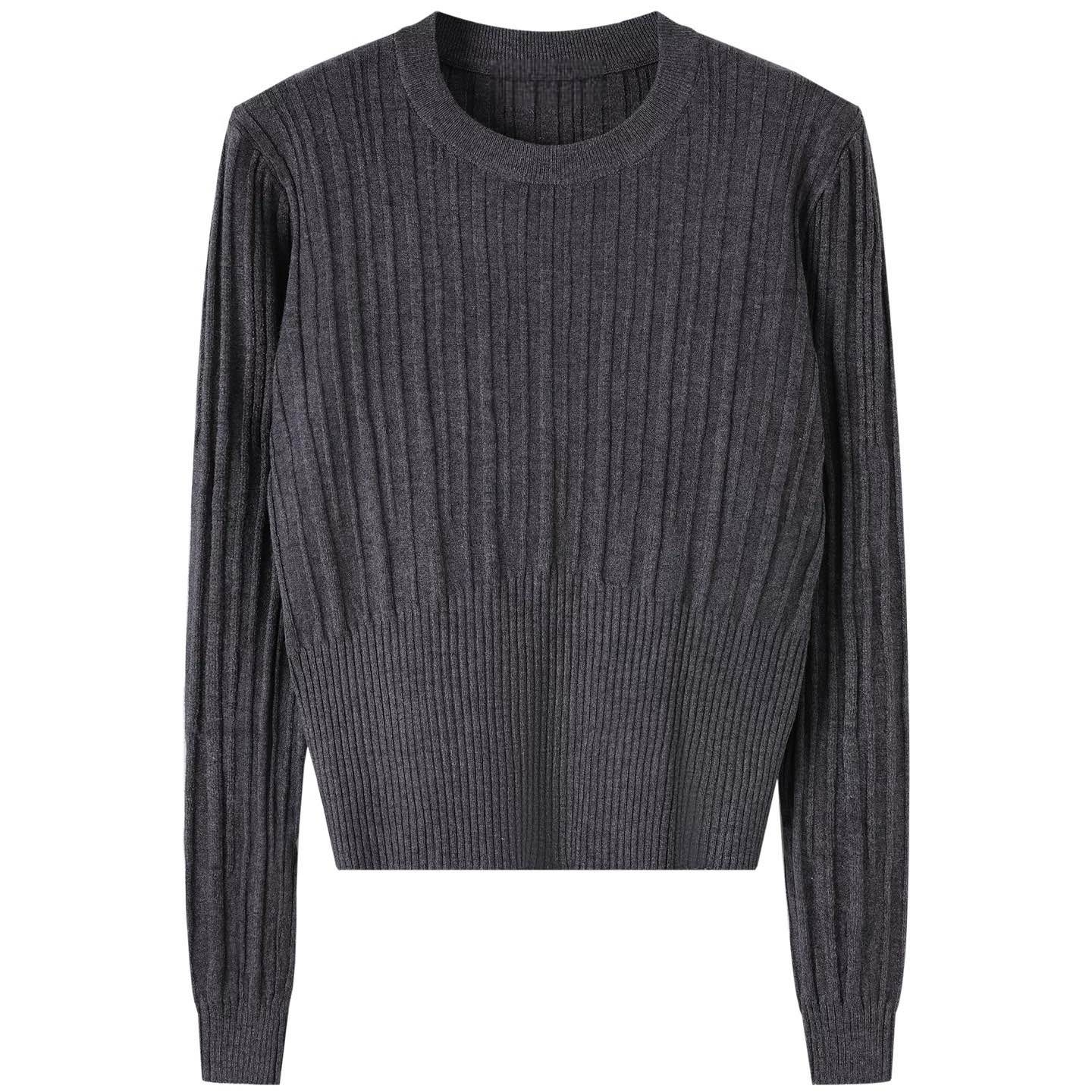 韩系收腰设计显瘦圆领打底衫女春秋新款高级软糯上衣6090#